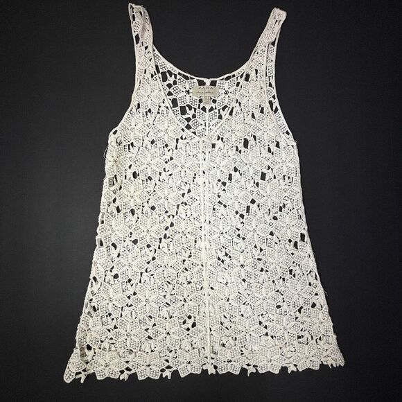 Zara Trafaluc Ivory Lace Crochet Tank‎ Top SMALL Open Knit Boho Festival EUC - Picture 1 of 7